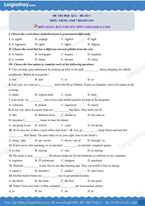 Đề thi học kì 2 Tiếng Anh 7 Right on! - Đề số 3